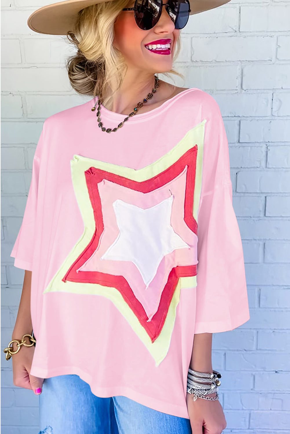 White Colorblock Star Patched Half Sleeve Oversized Tee - Cowaa