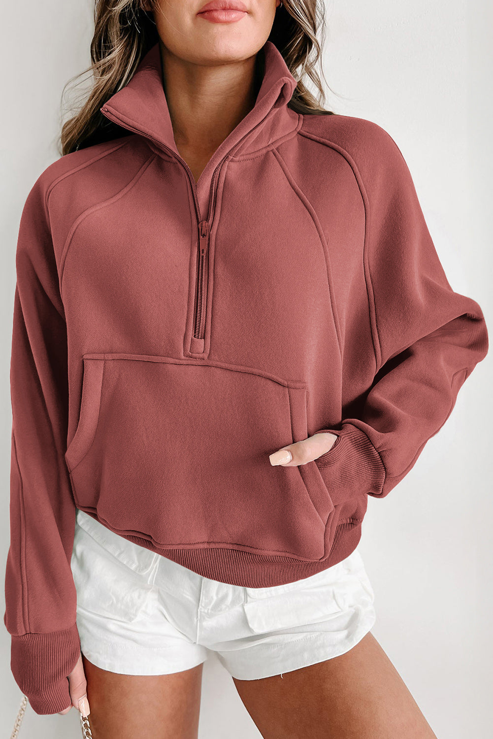 Brown Zip Up Stand Collar Thumbhole Sleeve Sweatshirt - Cowaa