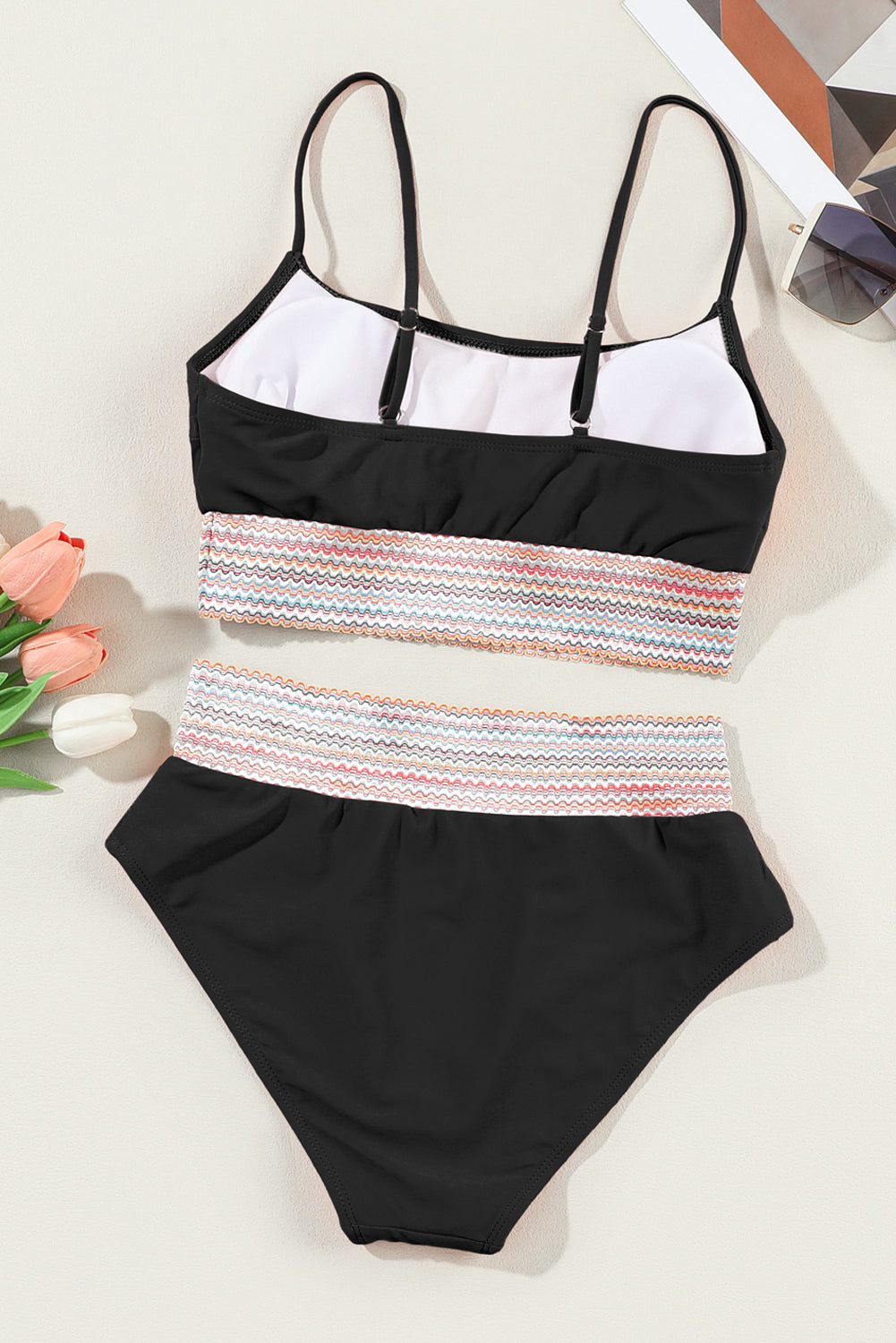 Black Striped Patchwork Spaghetti Strap High Waist Bikini Set - Cowaa