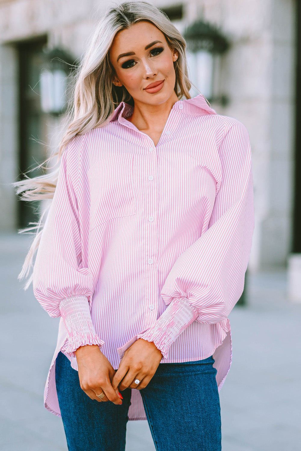 Black Striped Casual Shirred Cuffs Shirt - Cowaa