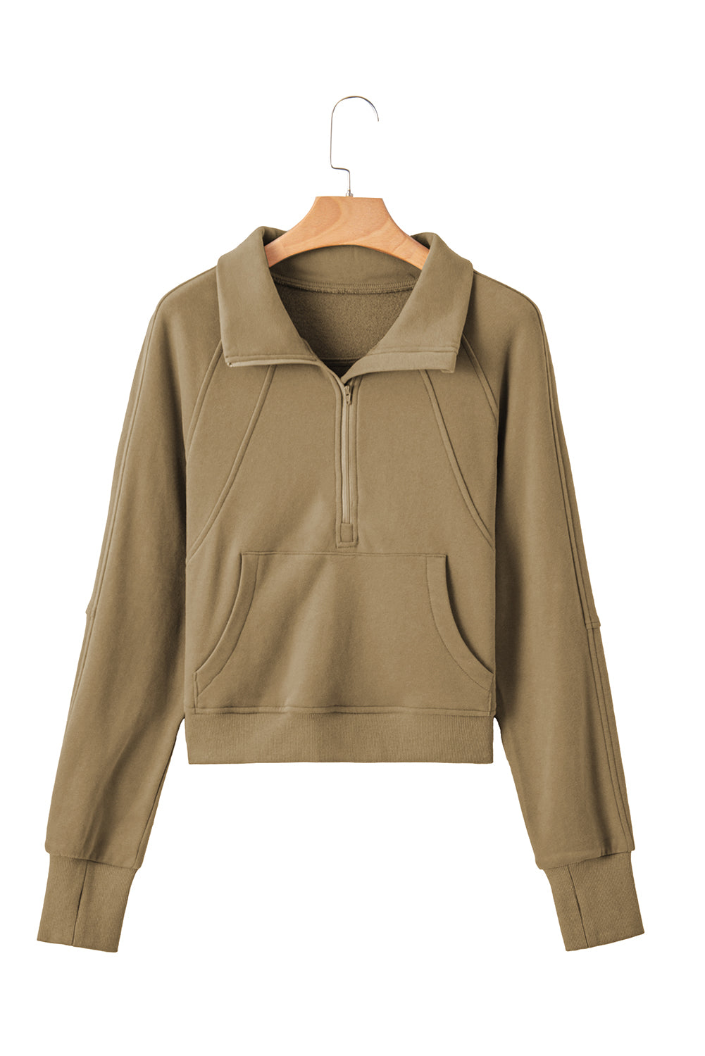 Brown Zip Up Stand Collar Thumbhole Sleeve Sweatshirt - Cowaa