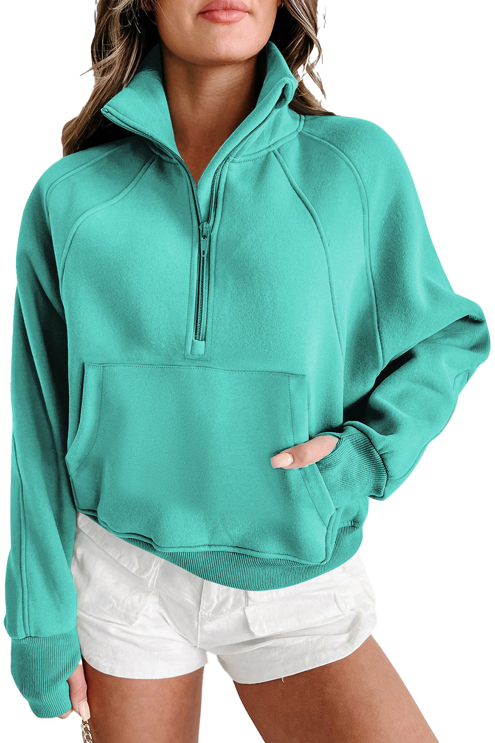 Brown Zip Up Stand Collar Thumbhole Sleeve Sweatshirt - Cowaa