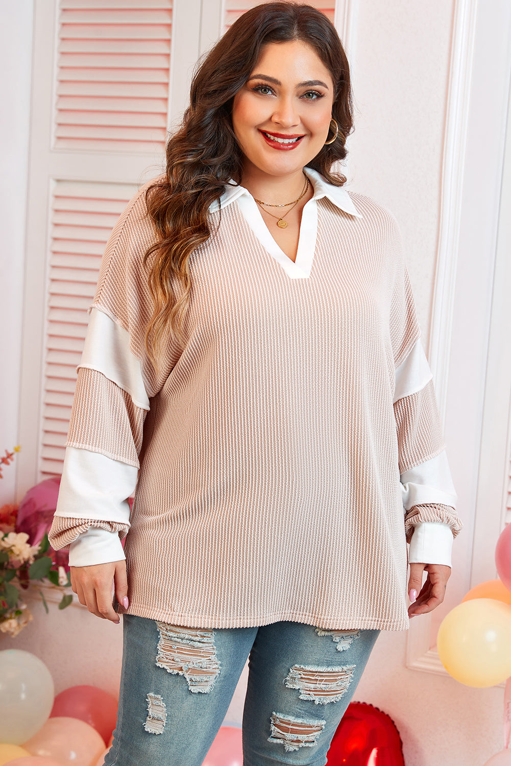 Parchment Corded Colorblock Long Sleeve Slit V Neck Plus Top - Cowaa