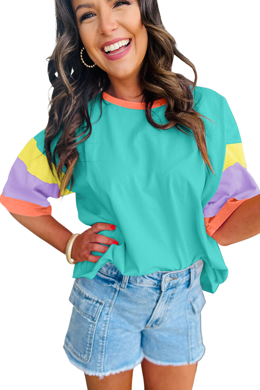 Green Color Block Sleeve Round Neck Oversize Top - Cowaa