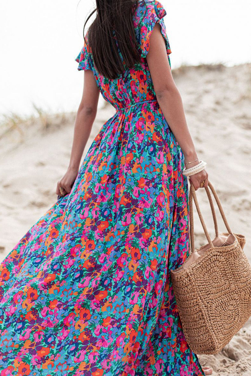 Blue Boho Floral Print V Neck Wrap Split Maxi Dress - Cowaa