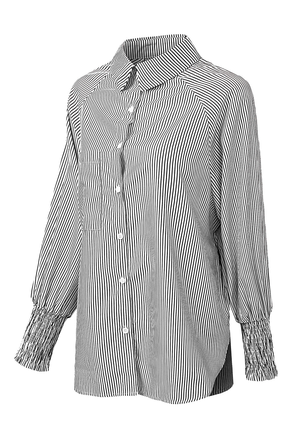 Black Striped Casual Shirred Cuffs Shirt - Cowaa