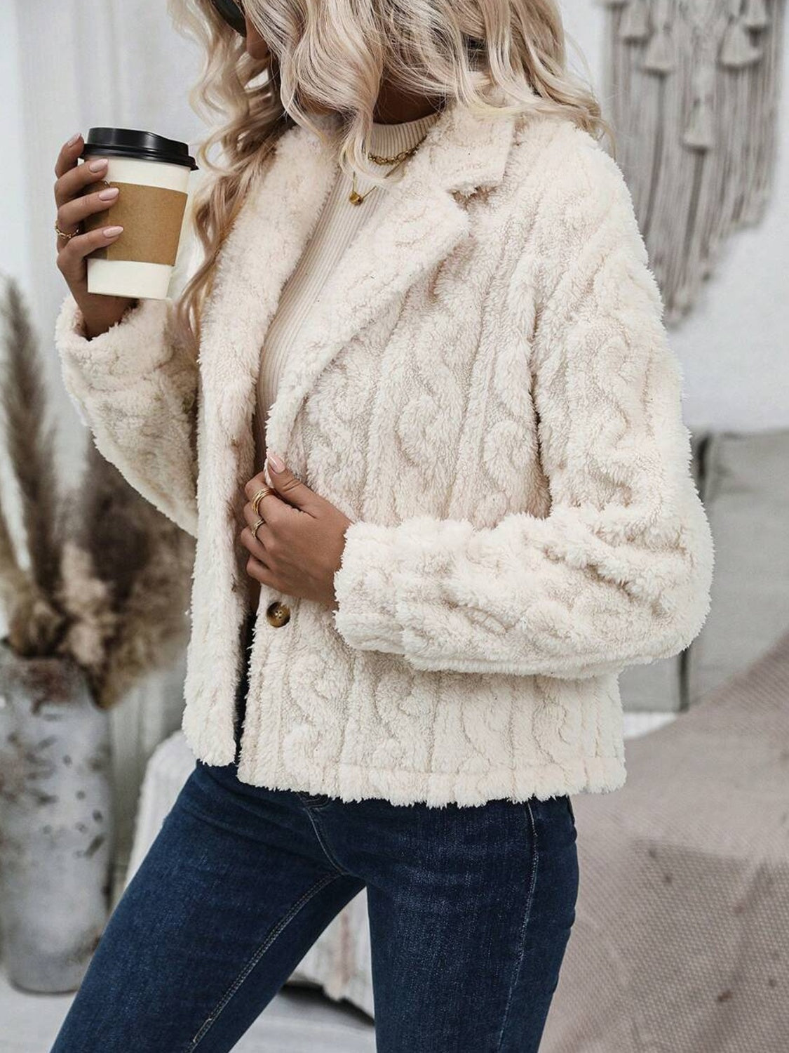 Cream Fuzzy Button Up Collared Neck Jacket