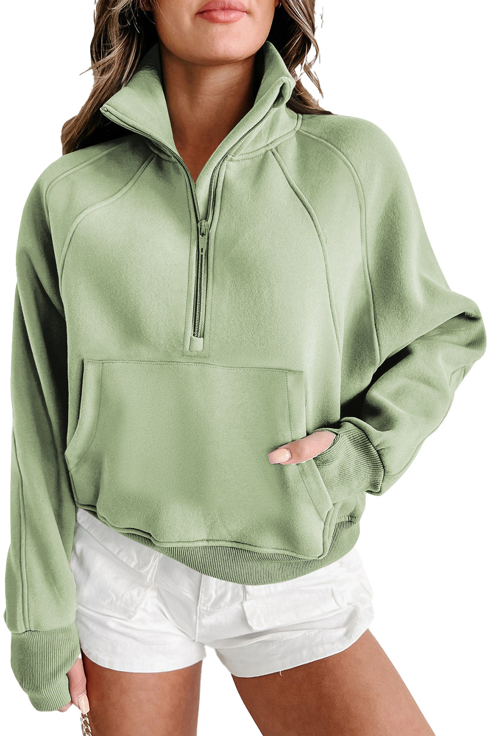 Brown Zip Up Stand Collar Thumbhole Sleeve Sweatshirt - Cowaa