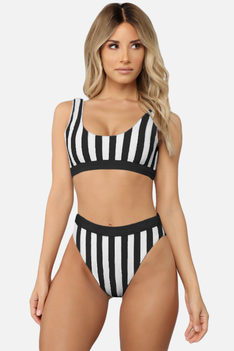 Striped Tank High Waist Bikini - Cowaa
