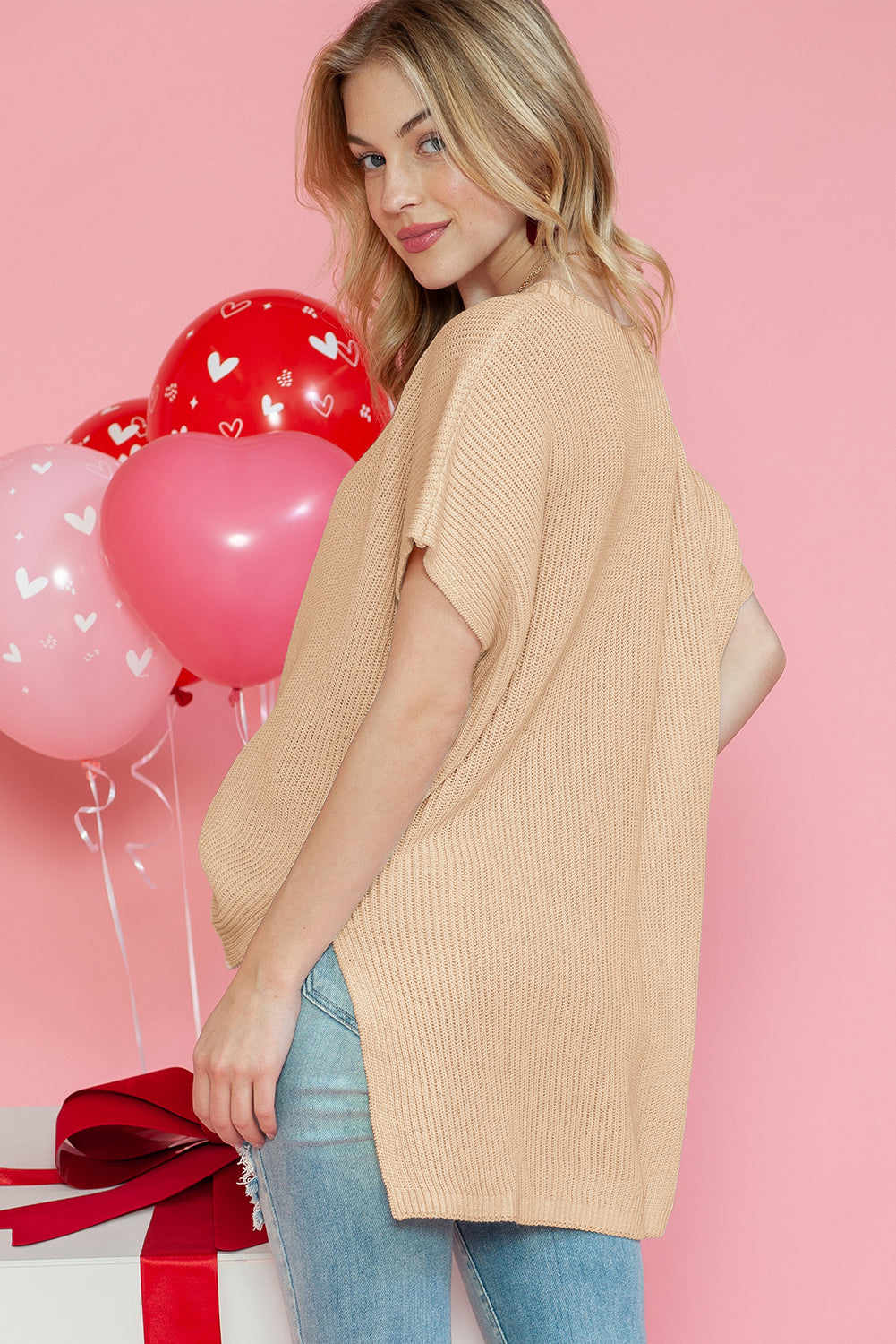 Rose Red Side Slit Short Sleeve Oversized Sweater - Cowaa