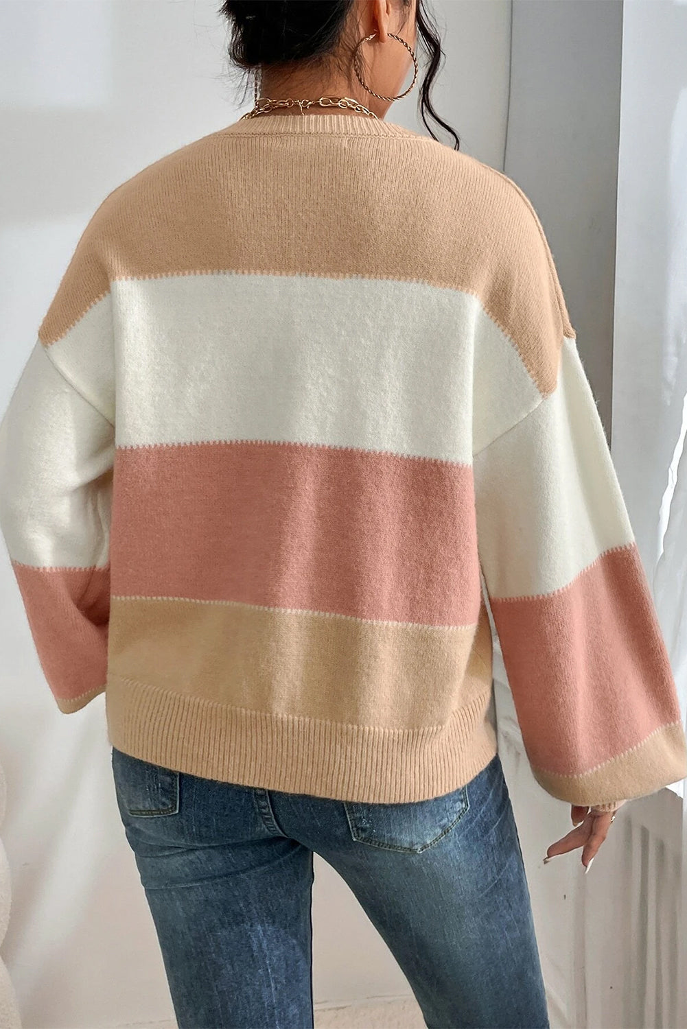 Dusty Pink Color Block Drop Shoulder Sweater - Cowaa