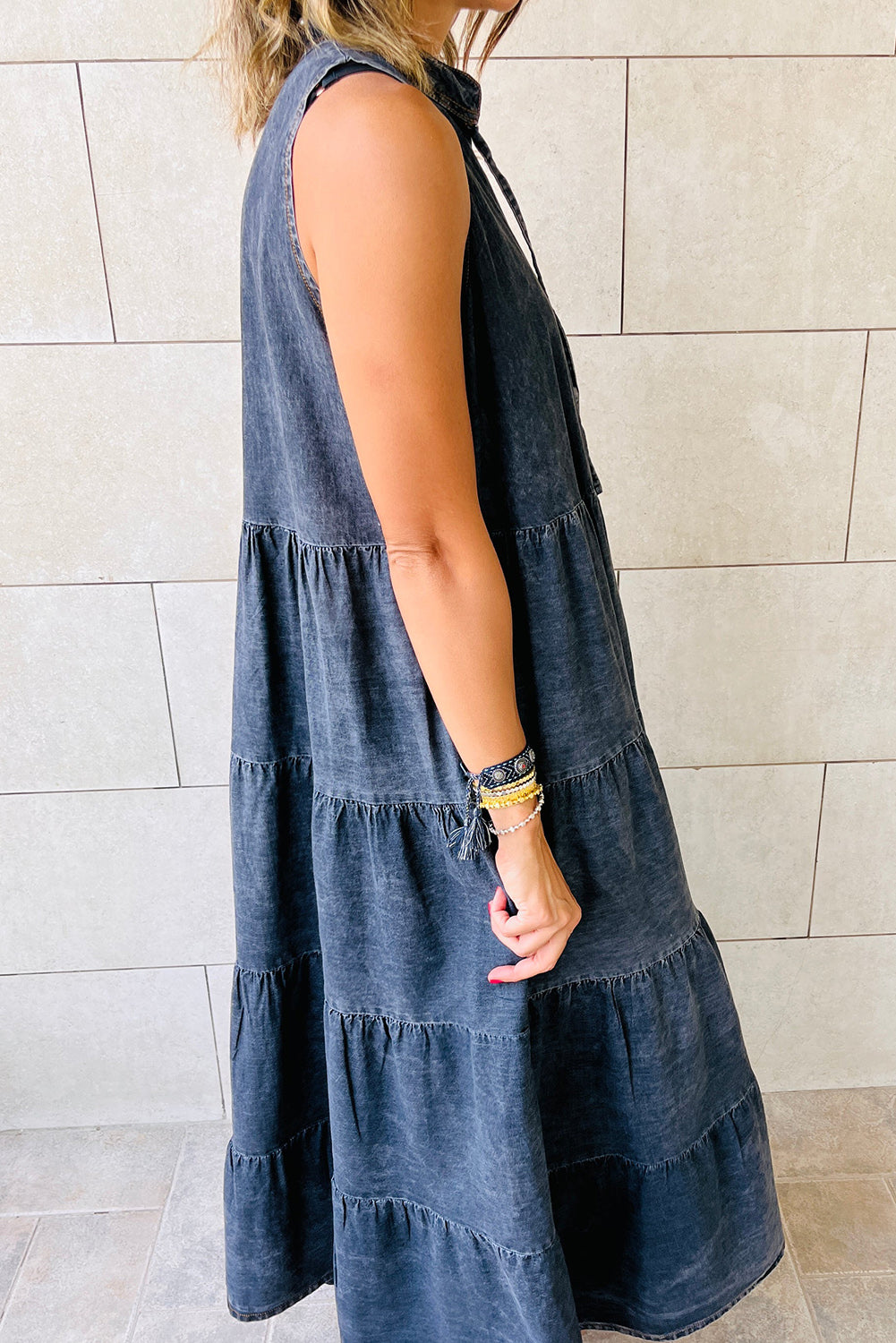 Real Teal Sleeveless Tiered Chambray Maxi Dress - Cowaa