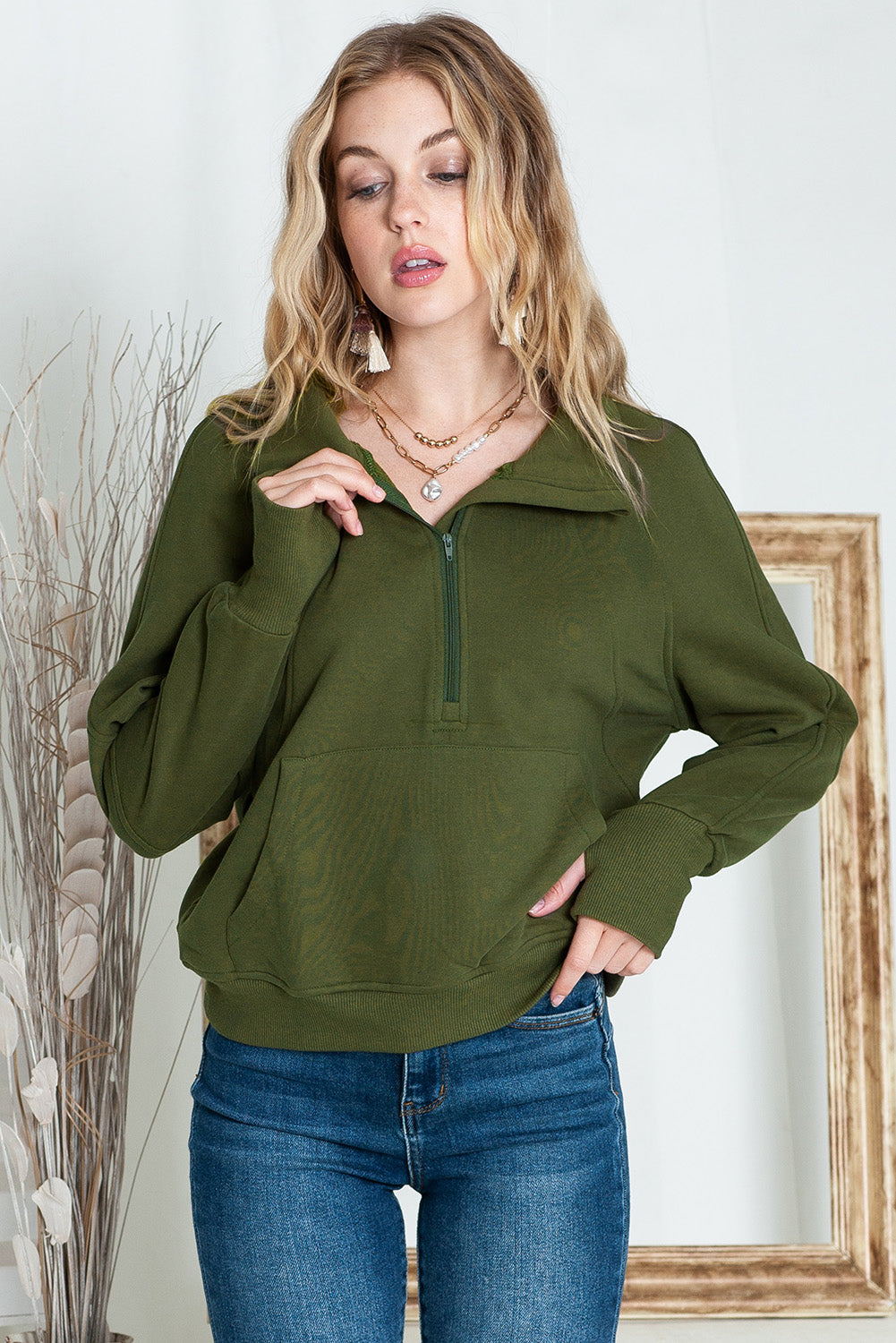 Brown Zip Up Stand Collar Thumbhole Sleeve Sweatshirt - Cowaa