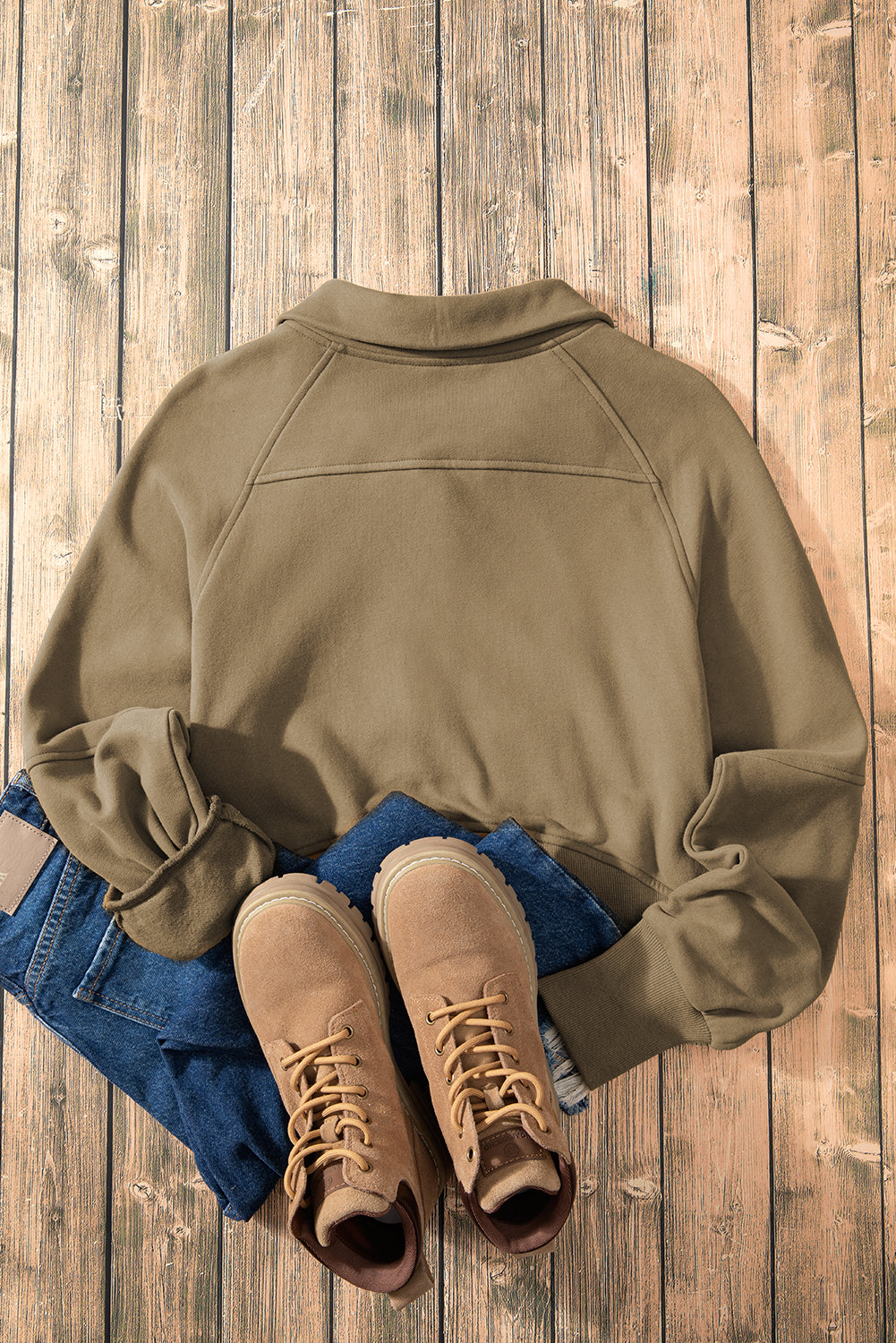 Brown Zip Up Stand Collar Thumbhole Sleeve Sweatshirt - Cowaa