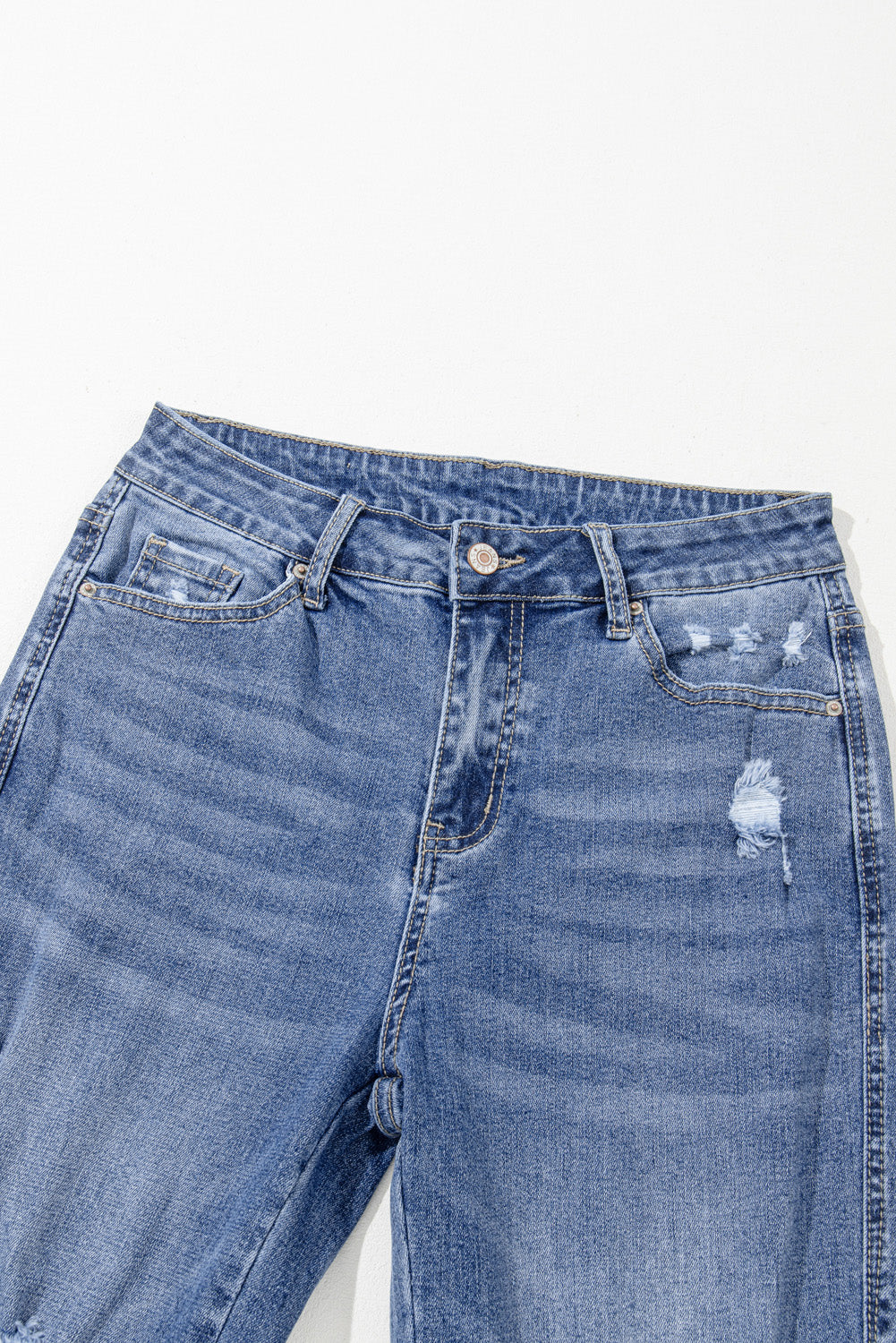 Dusk Blue High Rise Ripped Distressed Hem Flared Jeans - Cowaa