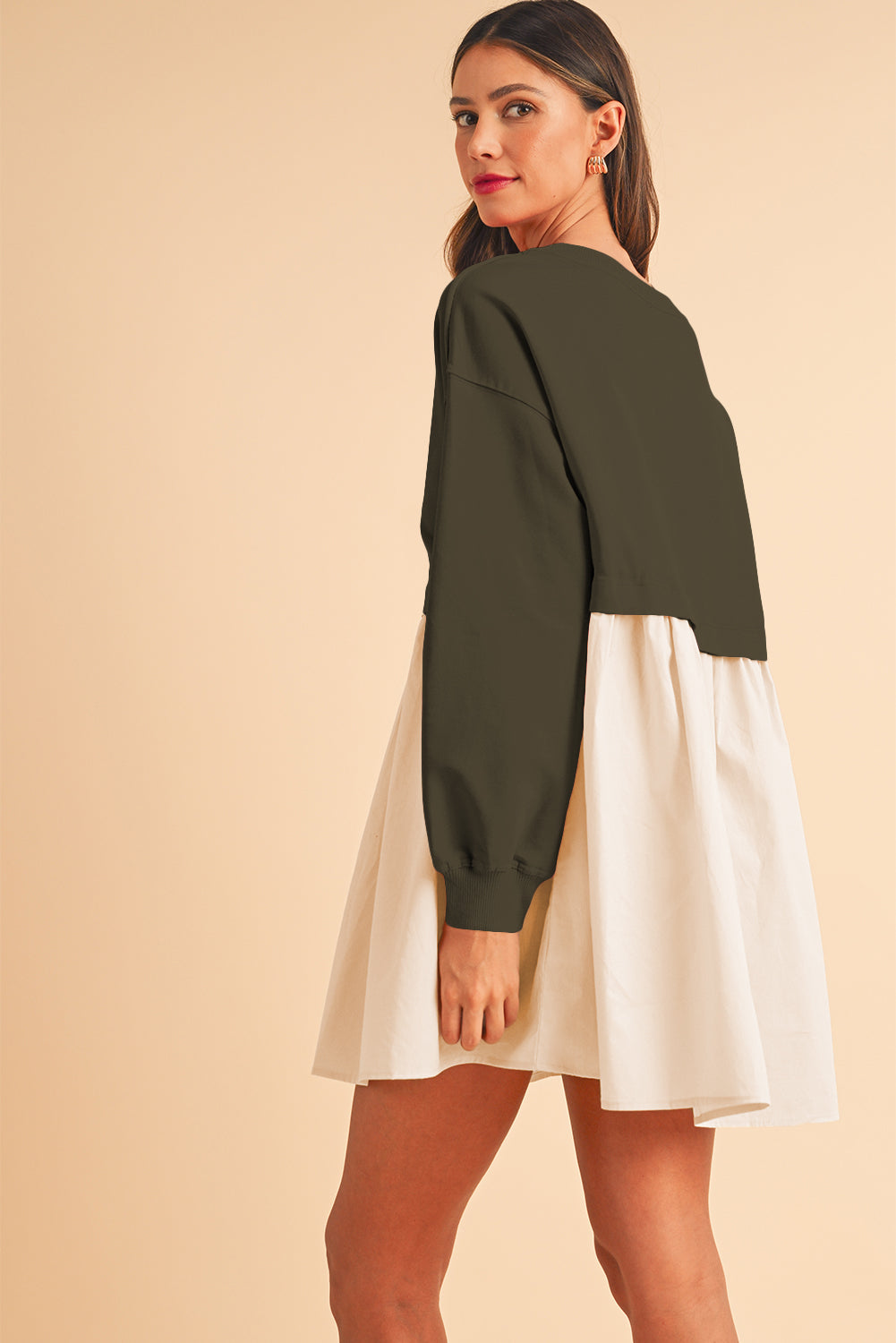 Khaki Sweatshirt 2-in-1 Flowy Pleated Mini Dress - Cowaa
