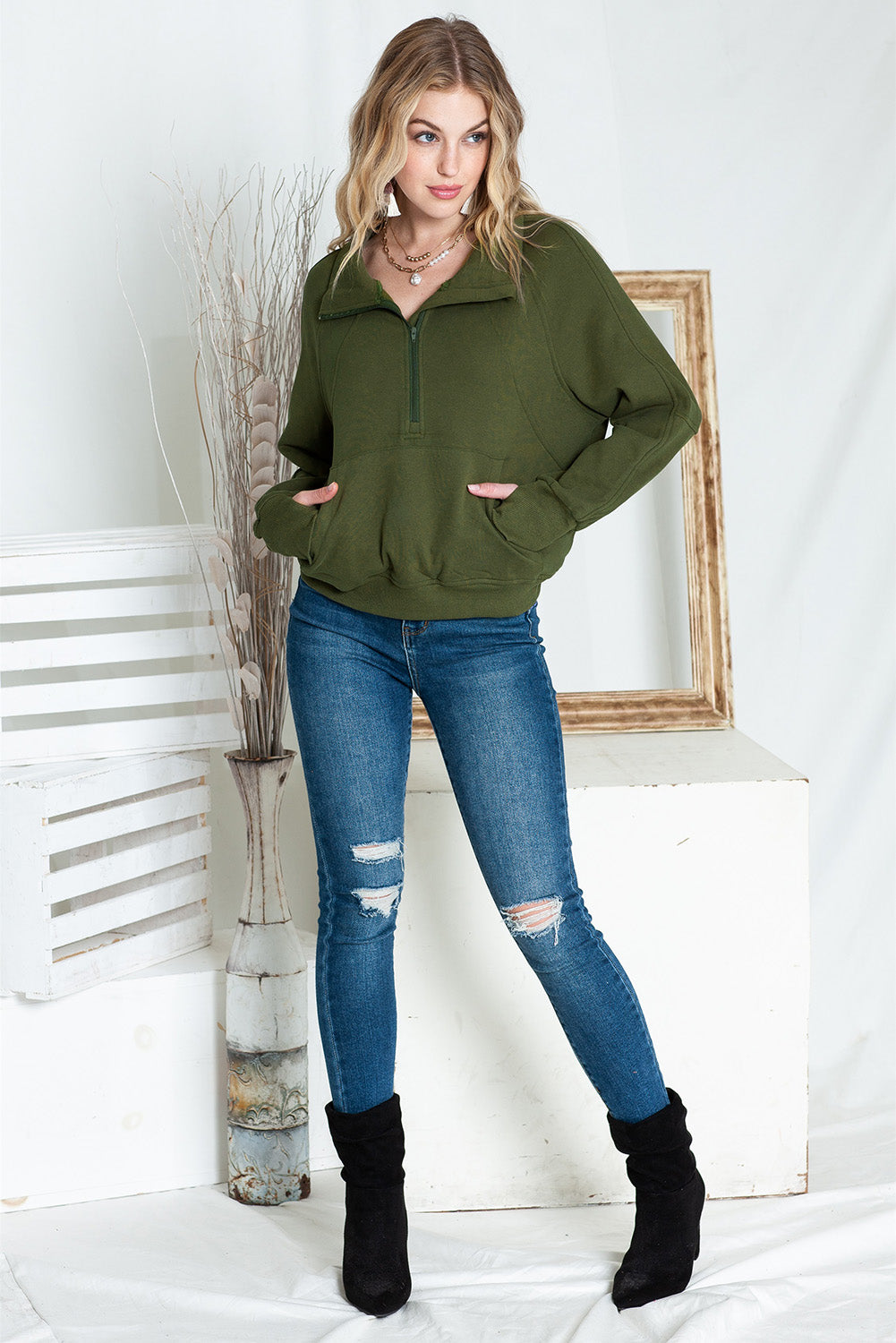 Brown Zip Up Stand Collar Thumbhole Sleeve Sweatshirt - Cowaa