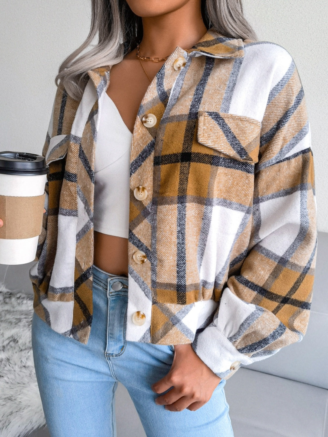 Plaid Collared Neck Long Sleeve Jacket - Cowaa