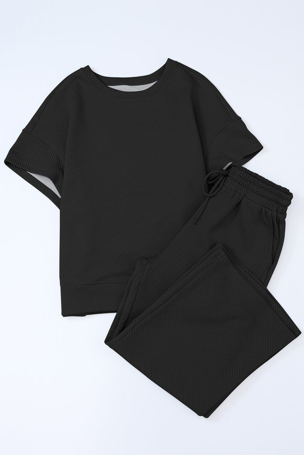Navy Blue Textured Loose Fit T Shirt and Drawstring Pants Set - Cowaa