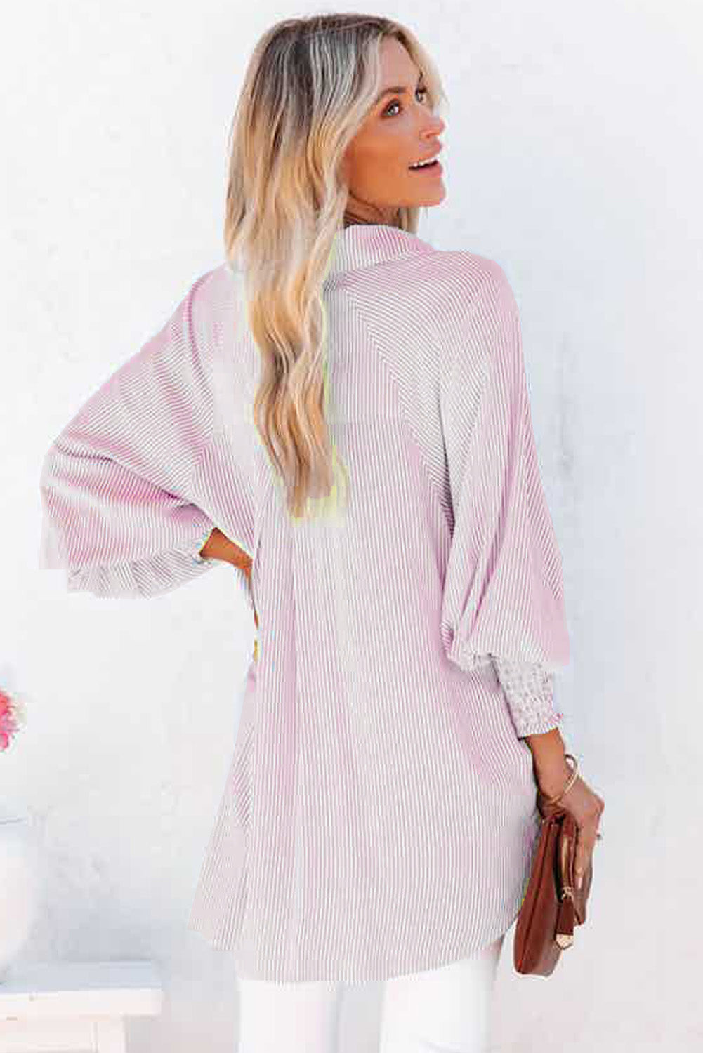 Black Striped Casual Shirred Cuffs Shirt - Cowaa