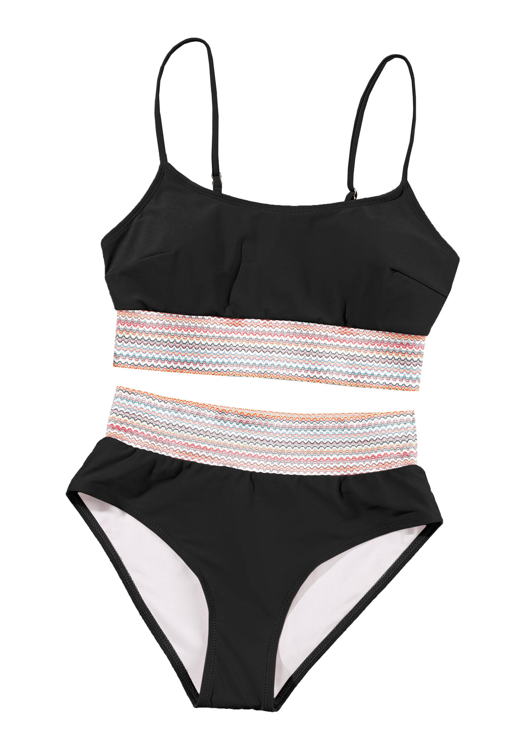 Black Striped Patchwork Spaghetti Strap High Waist Bikini Set - Cowaa