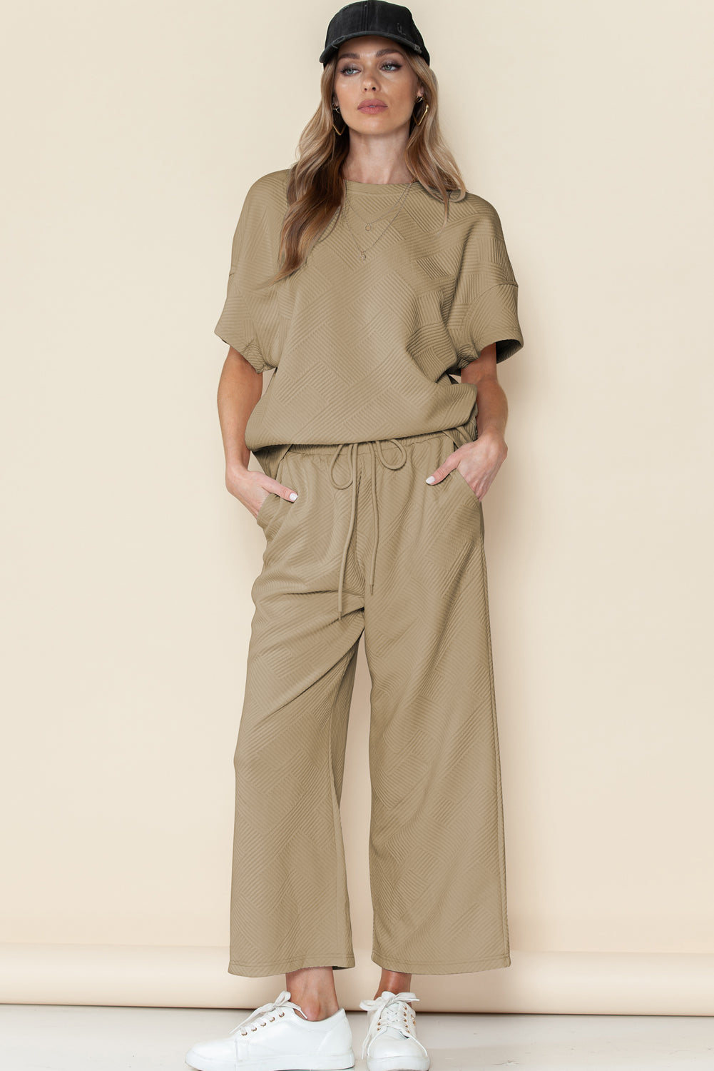 Navy Blue Textured Loose Fit T Shirt and Drawstring Pants Set - Cowaa