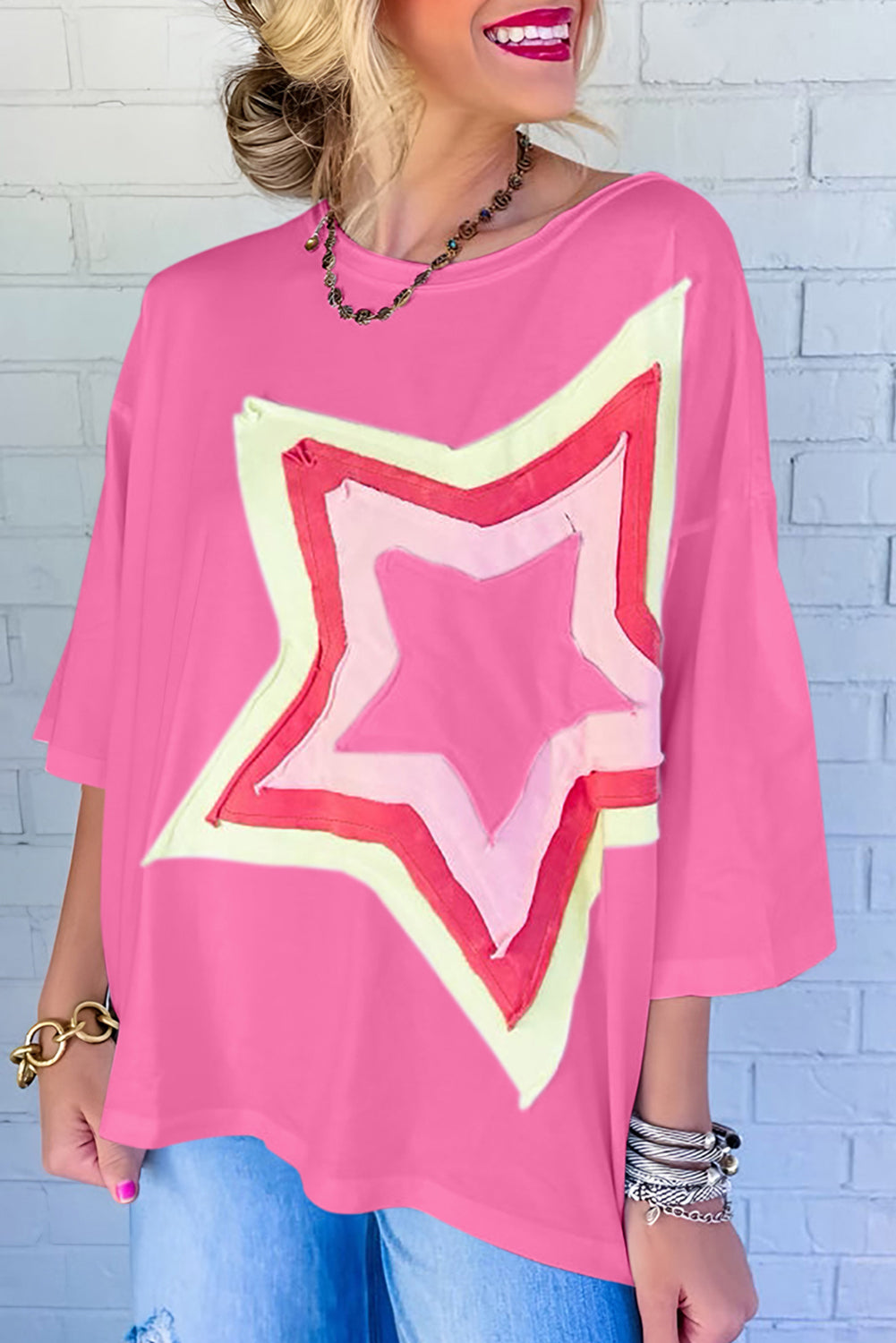 White Colorblock Star Patched Half Sleeve Oversized Tee - Cowaa