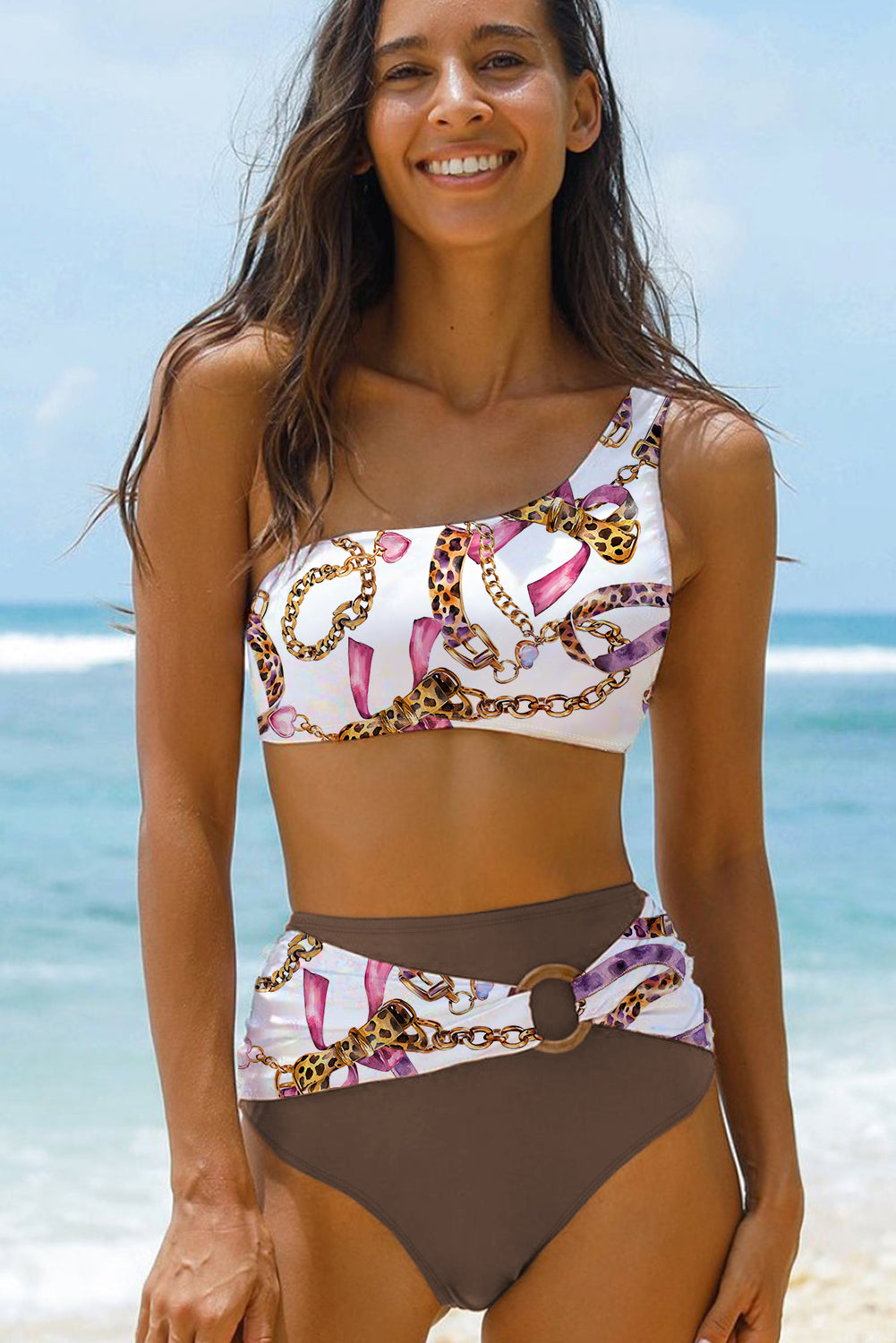 Brown Abstract Print One Shoulder Ring Linked High Waist Bikini