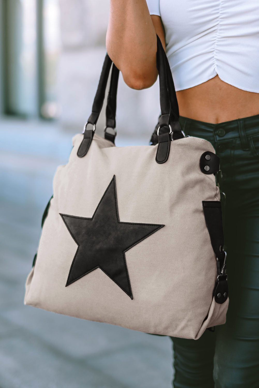 Beige Star Canvas Tote Bag - Cowaa