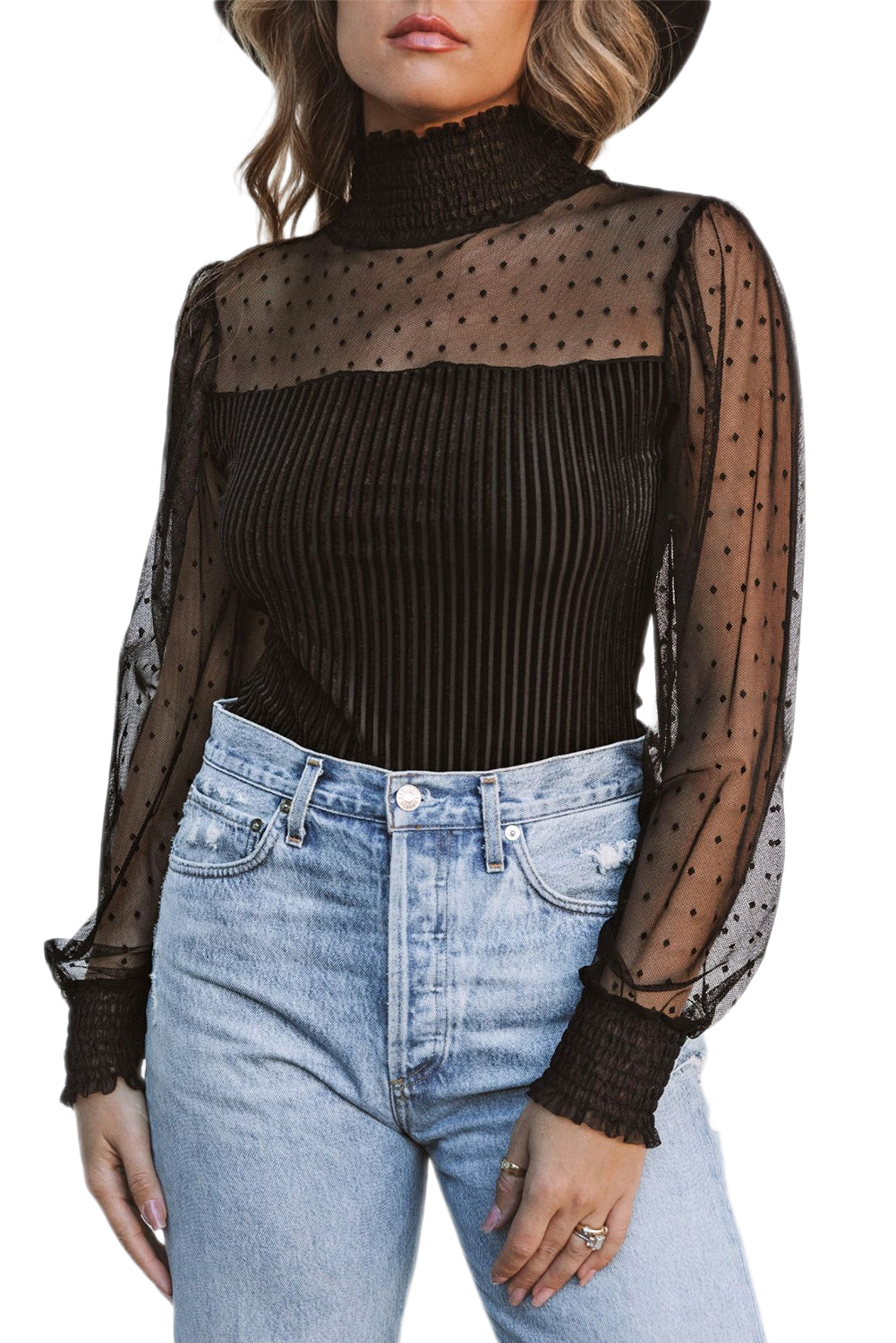 Sheer Dotty Puff Sleeve Ribbed Velvet Bodysuit - Cowaa