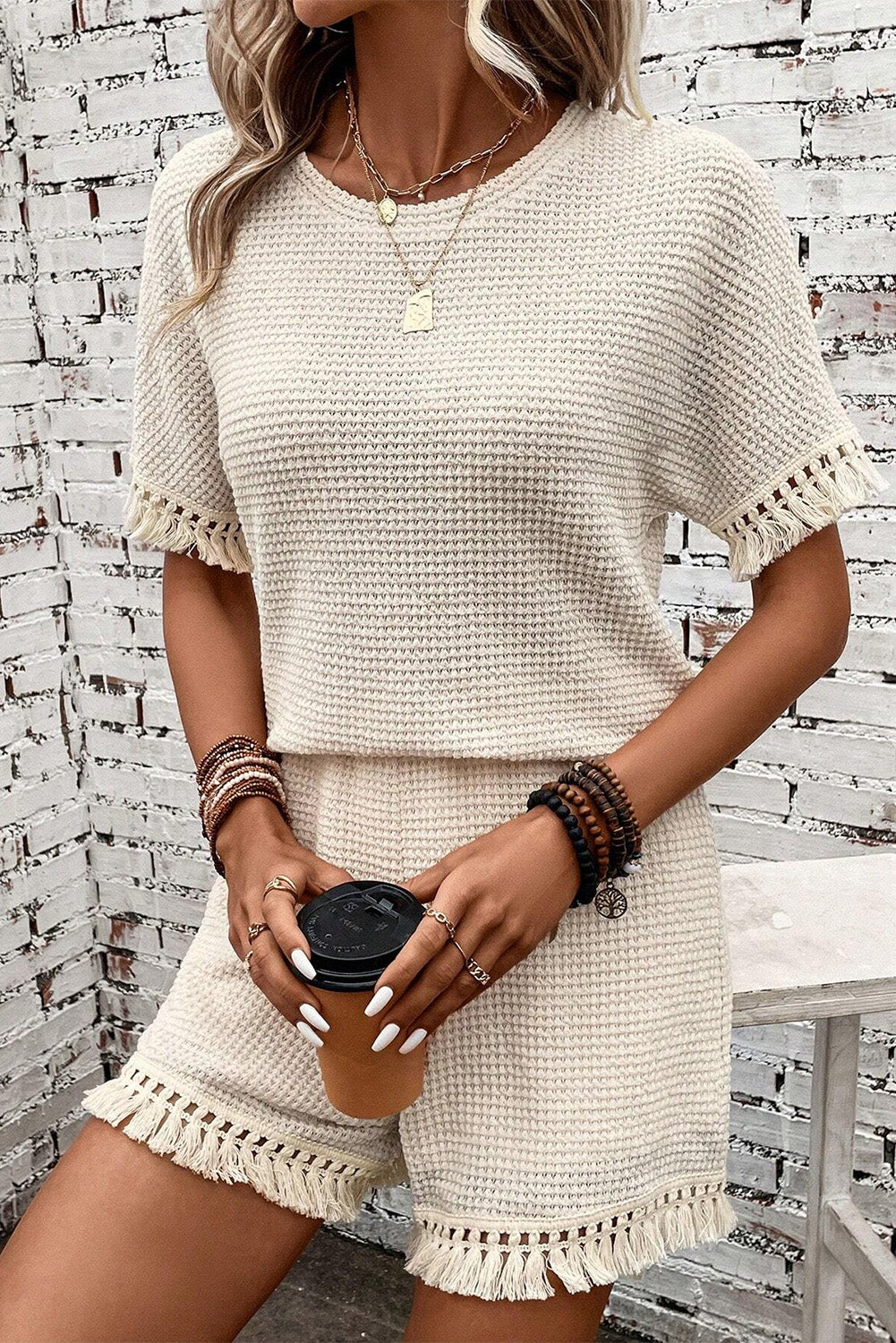Beige Fringe Trim Waffle Knit Textured Shorts Set - Cowaa