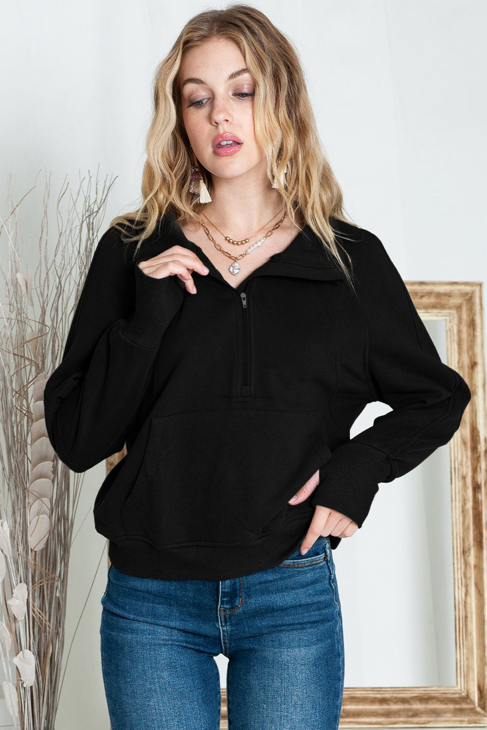 Brown Zip Up Stand Collar Thumbhole Sleeve Sweatshirt - Cowaa