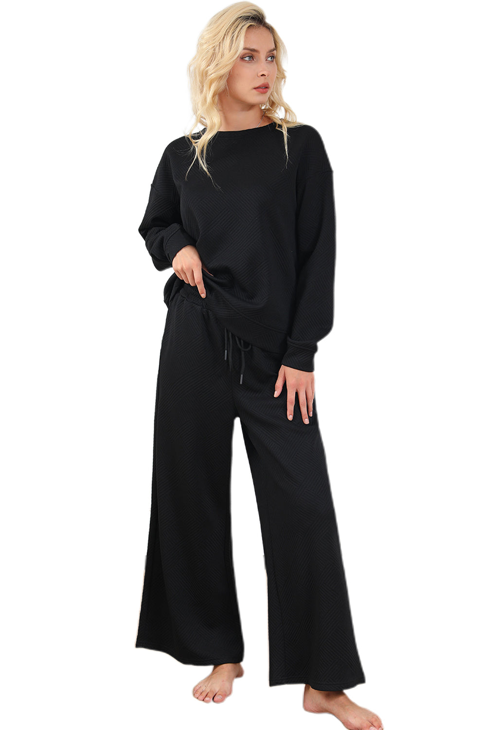 Strawberry Pink Textured Loose Slouchy Long Sleeve Top and Pants Set - Cowaa