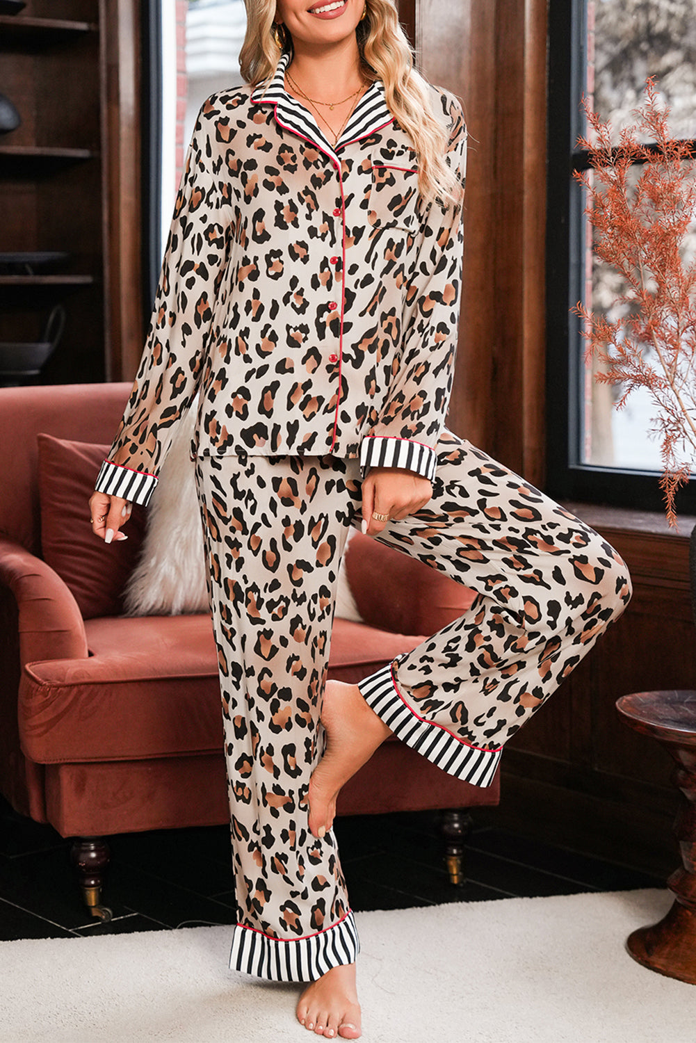 Khaki Leopard Print Colorblock Striped Patchwork Shirt and Pants Pajama Set