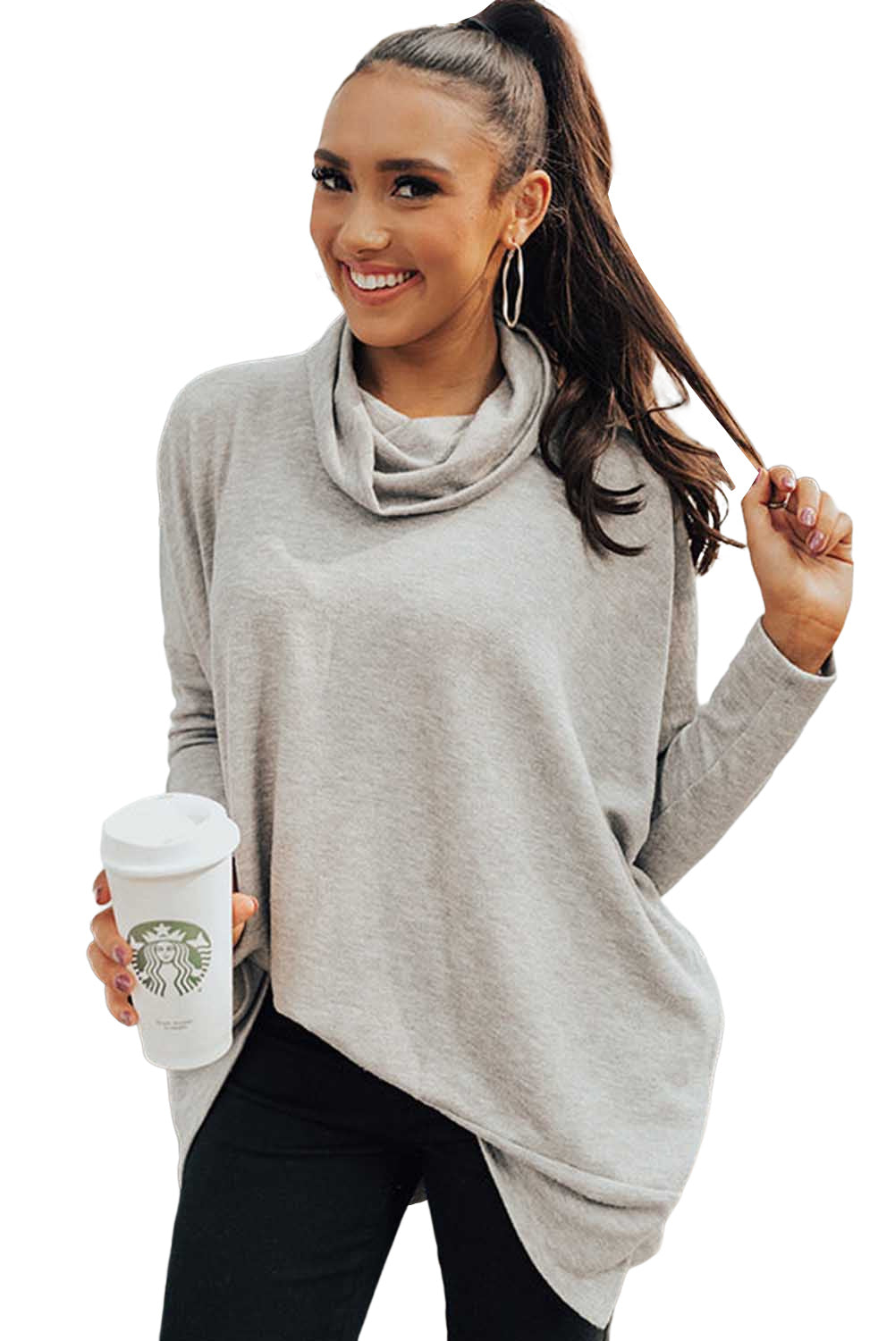 Cowl Neck Loose Fit Tunic Long Sleeve Top - Cowaa
