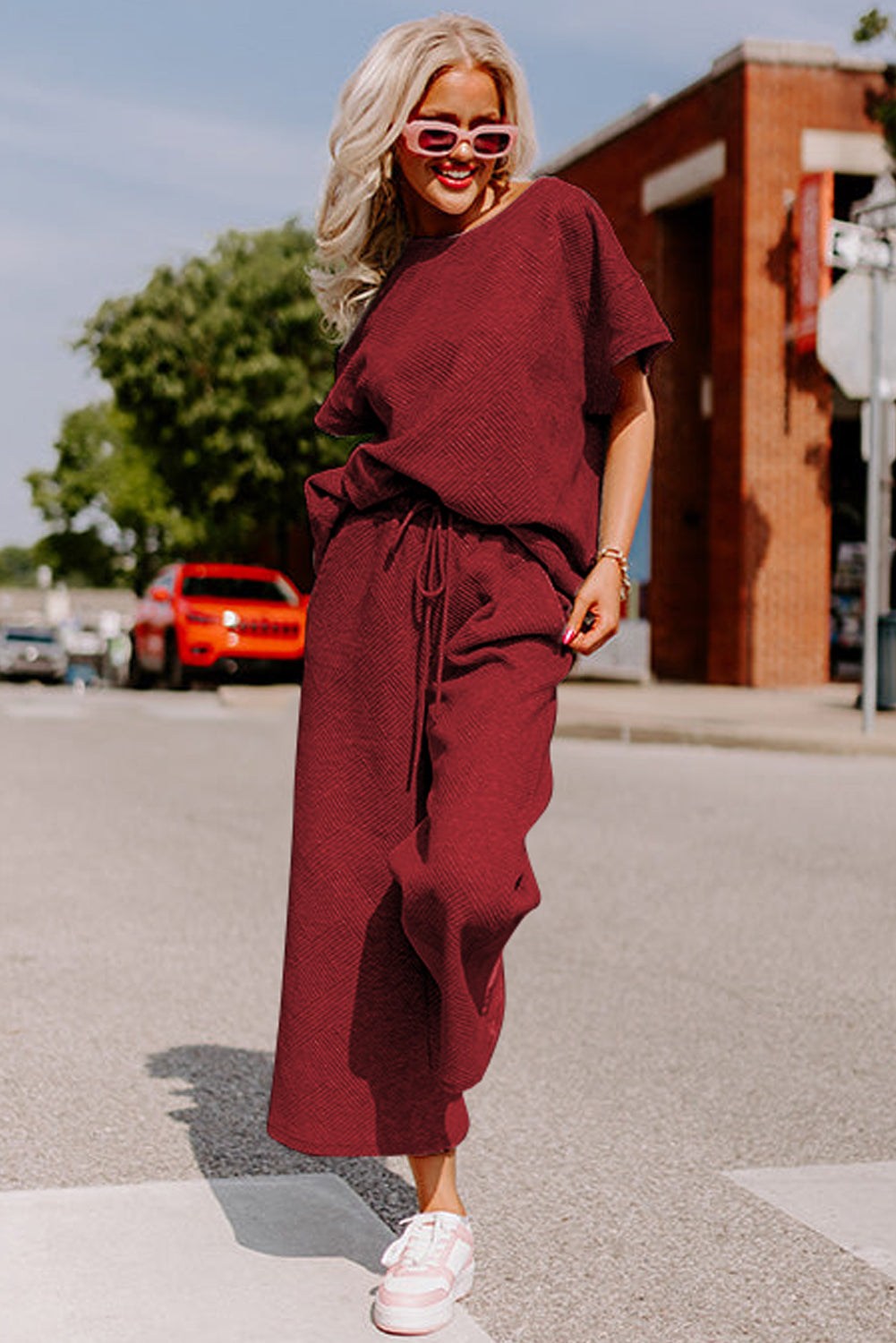 Navy Blue Textured Loose Fit T Shirt and Drawstring Pants Set - Cowaa