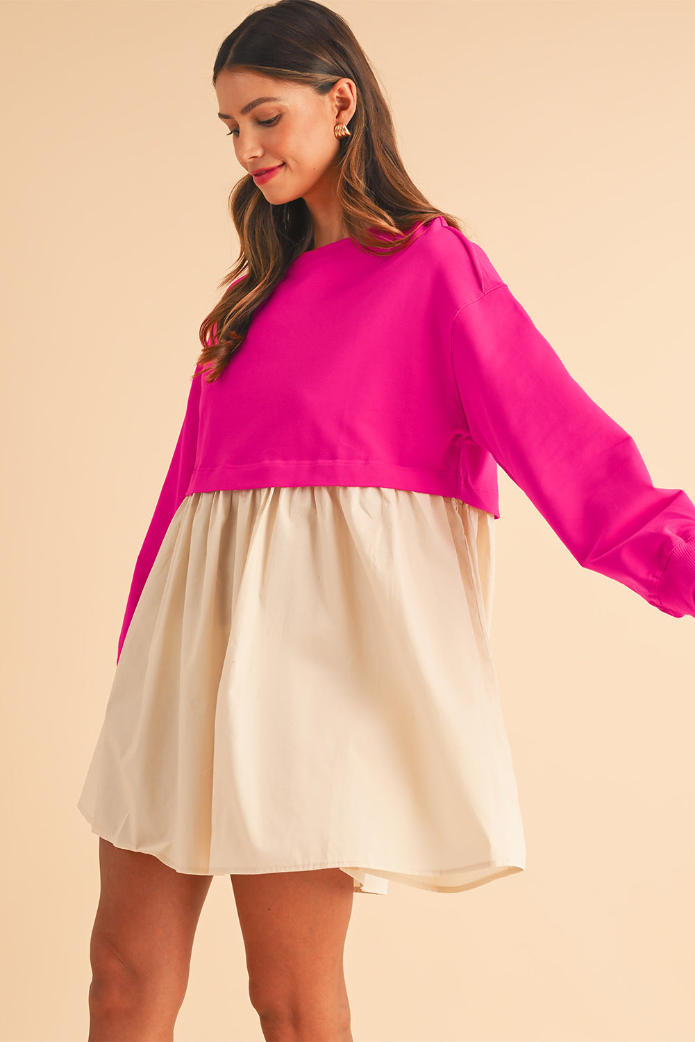 Khaki Sweatshirt 2-in-1 Flowy Pleated Mini Dress - Cowaa