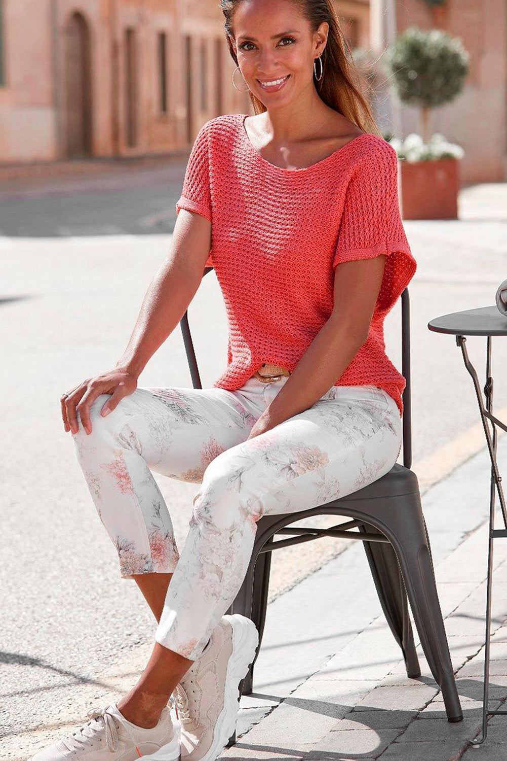 Pink Plain Knit Loose Batwing Sleeve Blouse - Cowaa