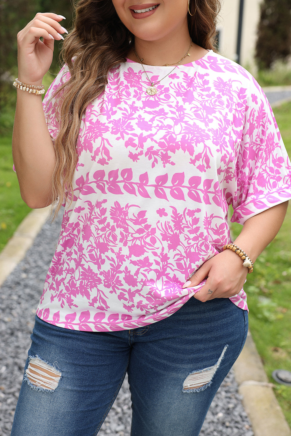 Pink Floral Printed Curved Hem Plus Size T Shirt