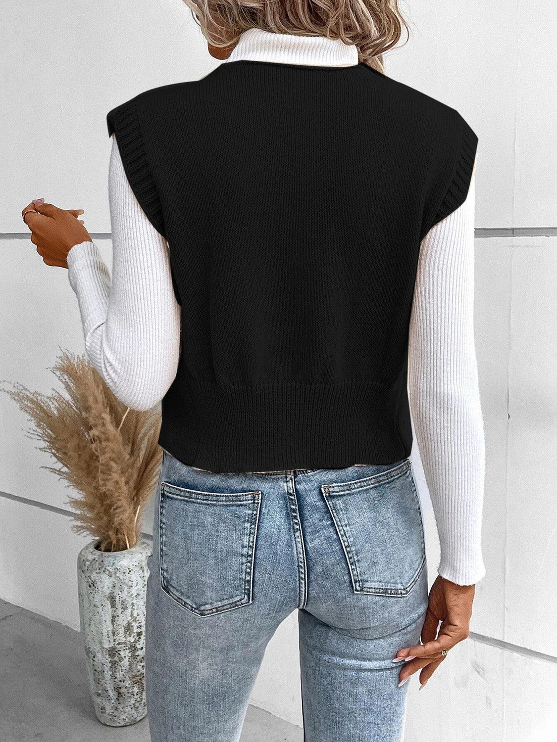 Full Size Button Up V-Neck Sweater Vest - Cowaa