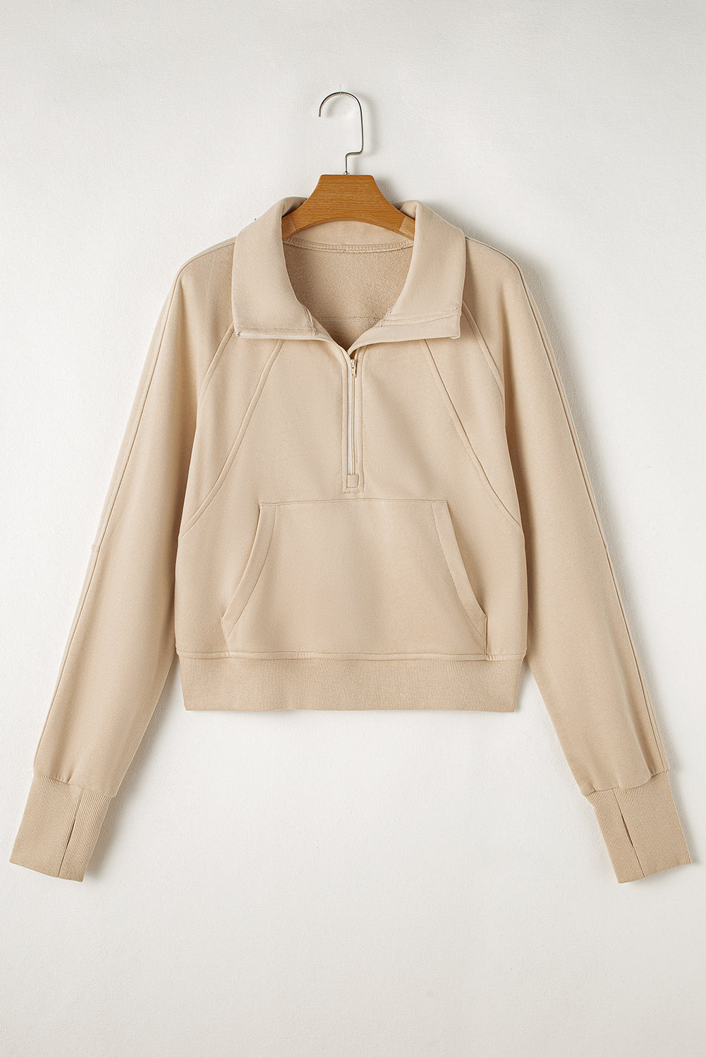Brown Zip Up Stand Collar Thumbhole Sleeve Sweatshirt - Cowaa