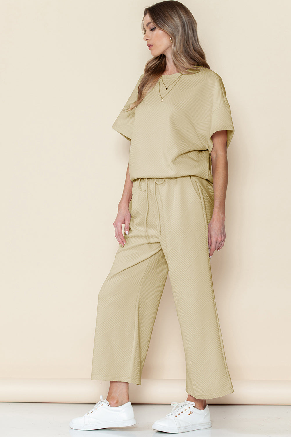 Navy Blue Textured Loose Fit T Shirt and Drawstring Pants Set - Cowaa