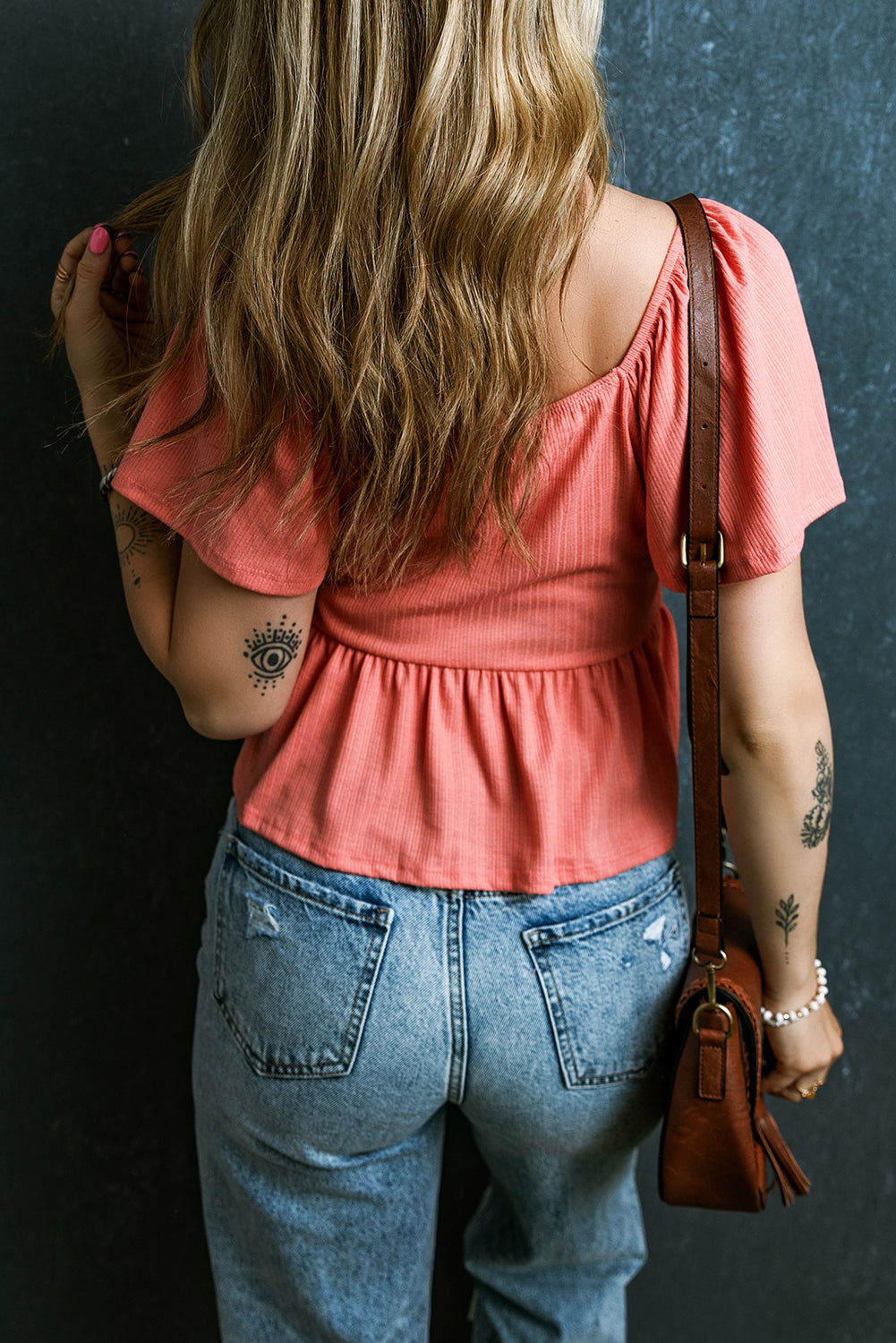 Oatmeal Shirred V Neck Short Flutter Sleeve Textured Blouse - Cowaa