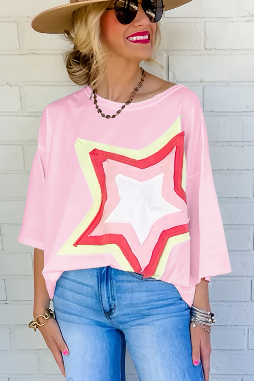 White Colorblock Star Patched Half Sleeve Oversized Tee - Cowaa