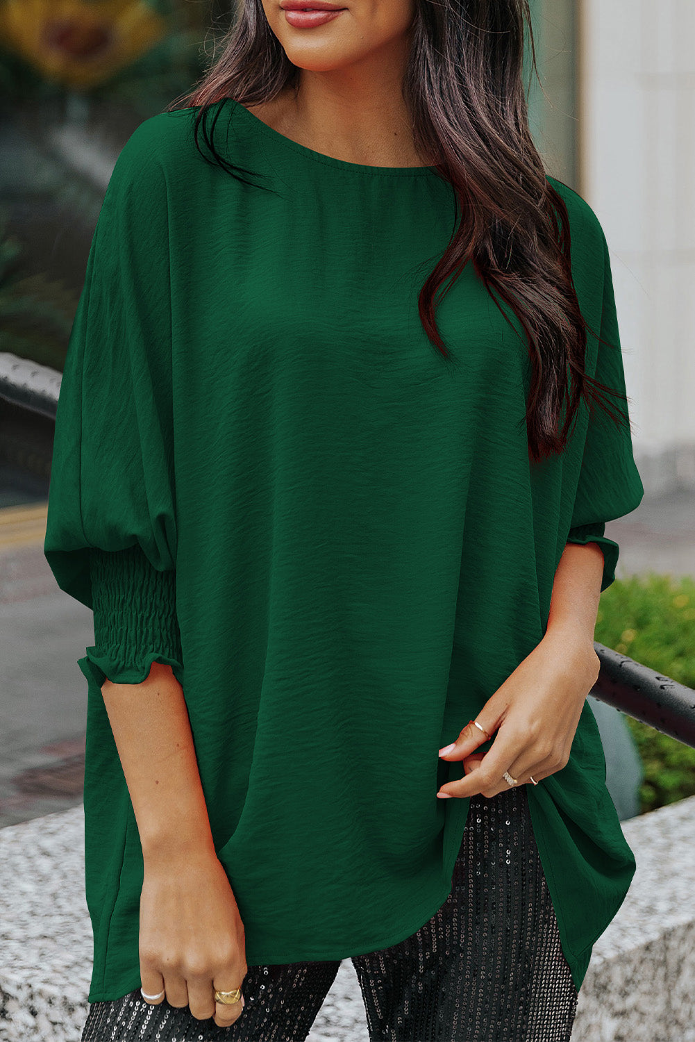Apricot Solid Casual Smocked Cuffs Batwing Sleeve Blouse - Cowaa