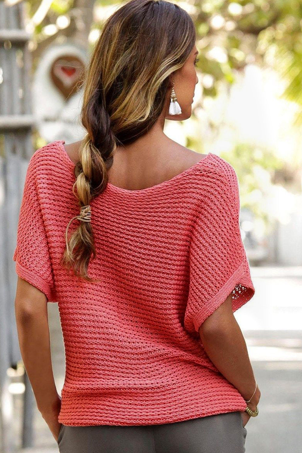 Pink Plain Knit Loose Batwing Sleeve Blouse - Cowaa