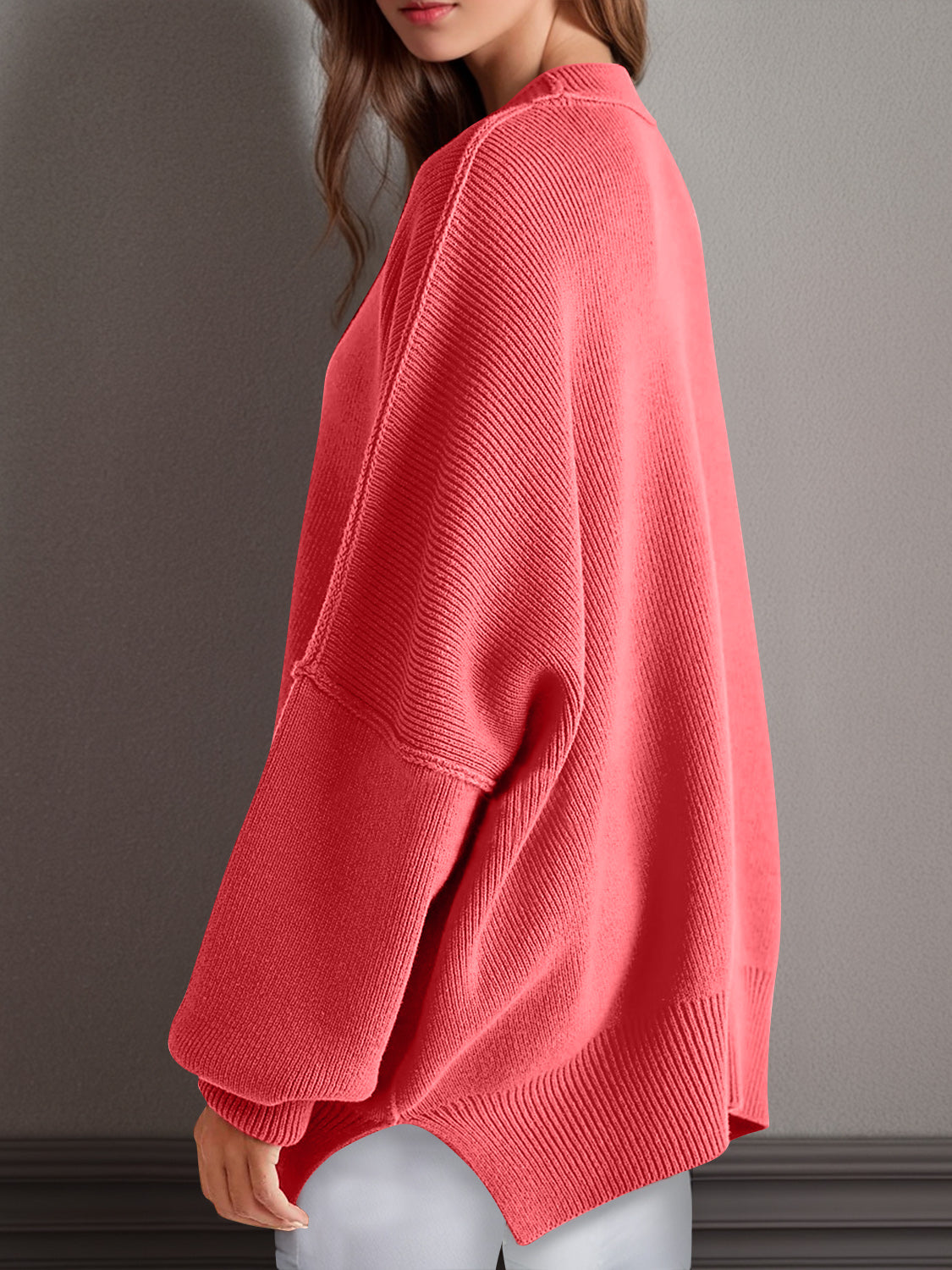 Double Take Side Slit Round Neck Long Sleeve Sweater - Cowaa