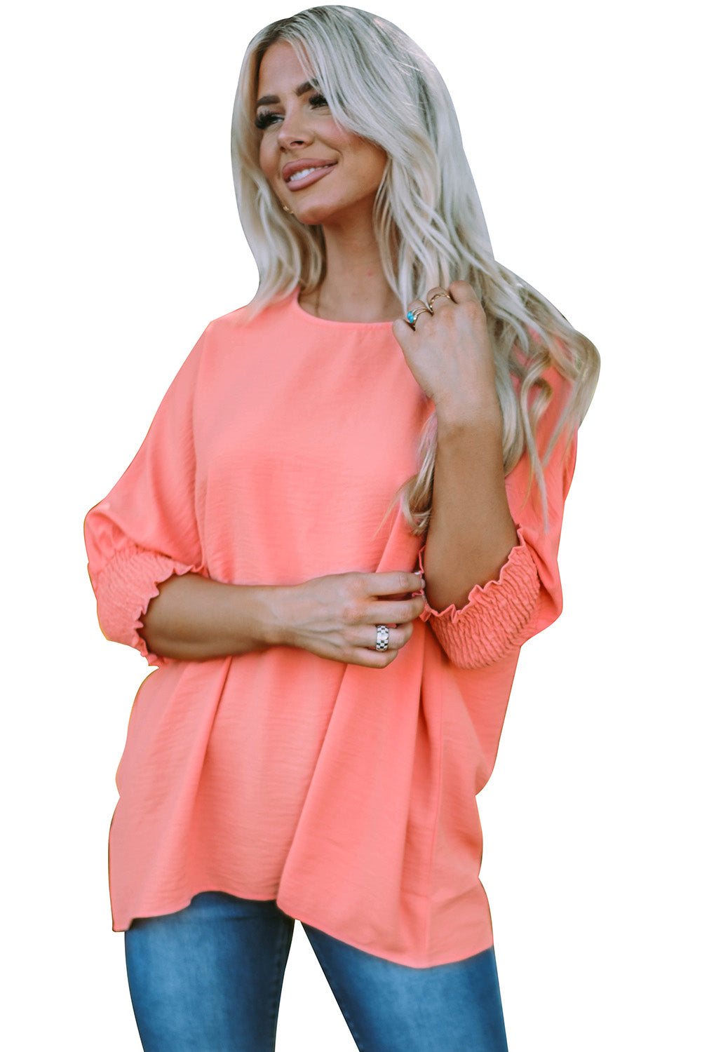 Apricot Solid Casual Smocked Cuffs Batwing Sleeve Blouse - Cowaa