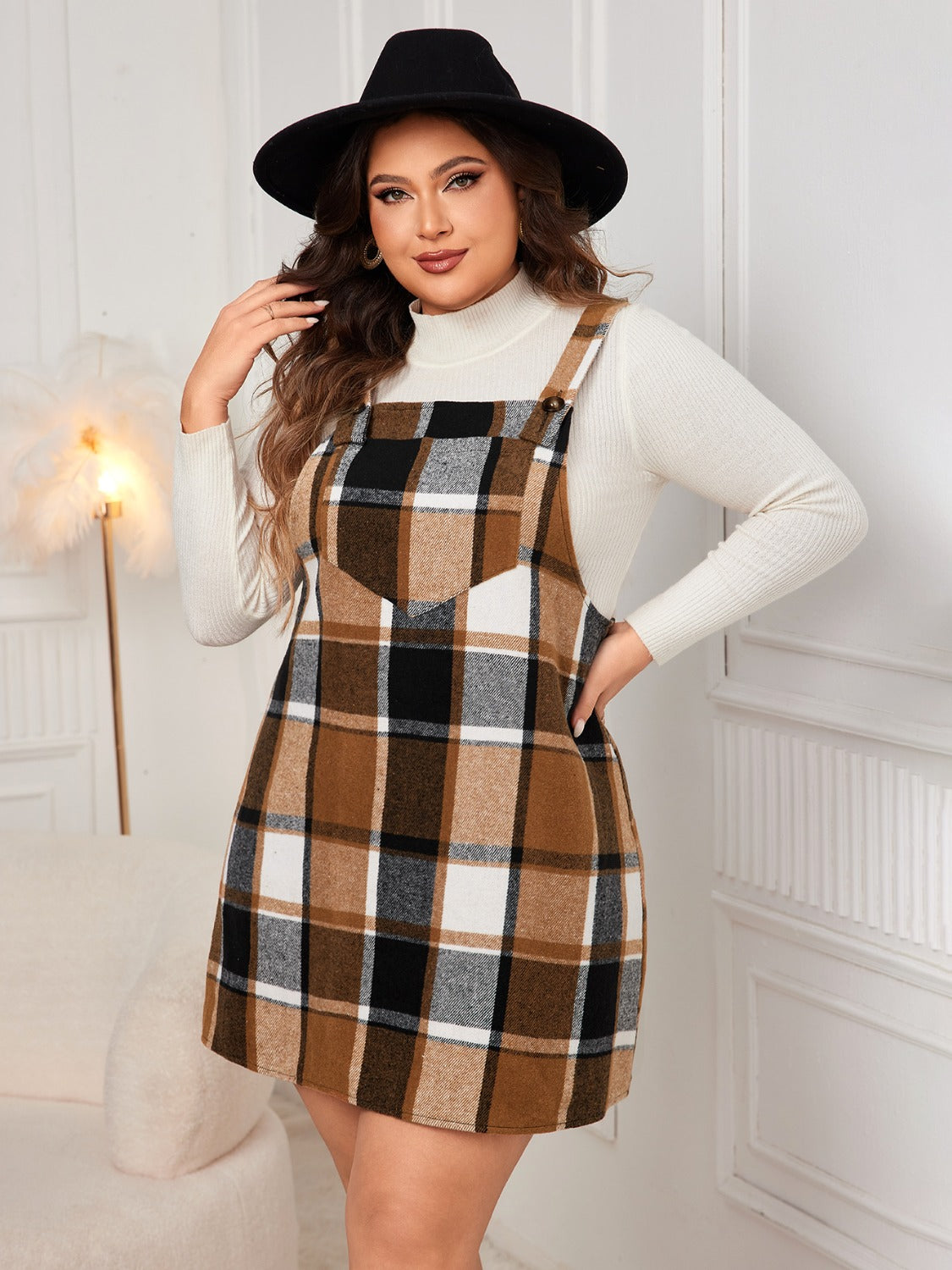 Plus Size Plaid Wide Strap Overall Dress - Cowaa