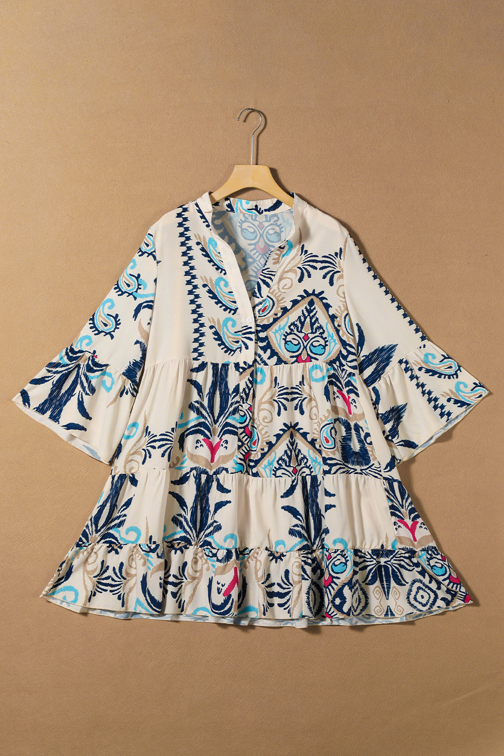 White Ethnic Print Boho Button Tiered Mini Dress - Cowaa